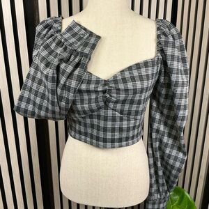 Blue Blush Black and White Plaid Puff Sleeve Cropped Blouse